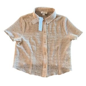 NWT Topshop‎ Textured Button-Up Top Short Sleeve Beige Women's Blouse Size 4